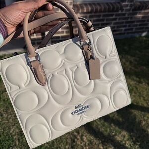 Coach Maggie Small Chalk/Taupe Signature Embossed Leather Tote